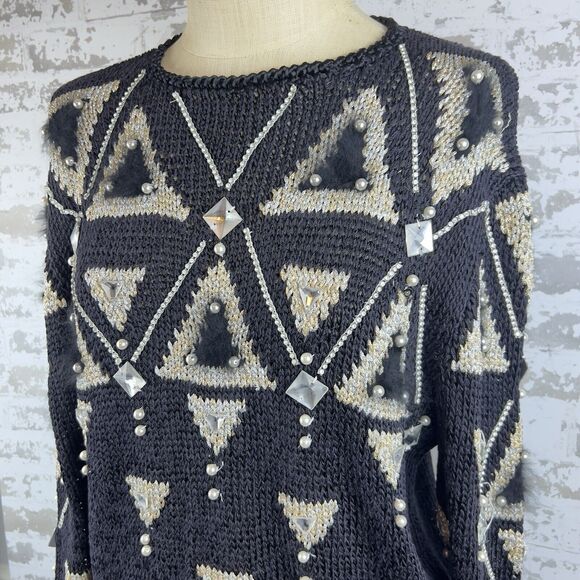 Vtg Carole J Arnson Sweater Sz L Oversized Jewels Feathers Black Gold Silver ‘88 - Picture 1 of 14